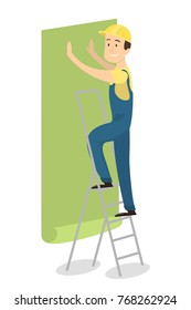 Worker on ladder gluing wallpapers on the wall.