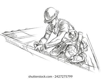 Trabajador en el techo y fondo blanco-dibujo vectorial.