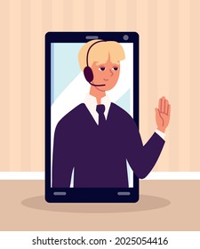 worker on screen with headset cartoon