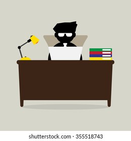 Worker on working table with laptop, reading lamp and document folder. Vector illustration business concept design. 