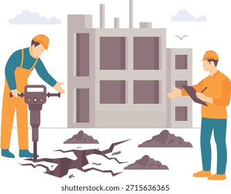 concepto de hormigón rompiendo martillo neumático, diseño de Vector de operaciones de construcción Urbana, Anuncio de trabajadores de la construcción, escena de mano de obra calificada, obras de ingeniería civil