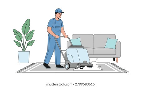 Worker operating a carpet cleaning machine with foam bubbles on a rug in front of a gray sofa and large potted plant for residential deep sanitation and home maintenance services.