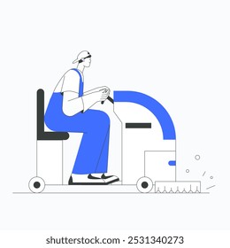 Worker operating floor sweeper machine in flat vector illustration symbolizing cleaning services, equipment handling, and maintenance, isolated on white background.