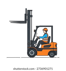 A worker operating a forklift with safety gear on in a warehouse setting illustration. Vector