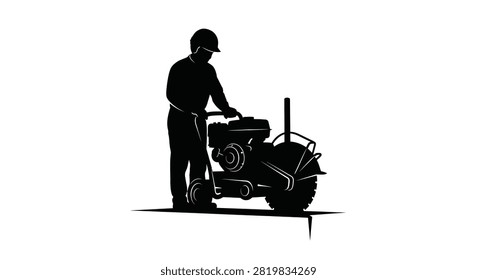 Worker operating ride on lawnmower black silhouette
