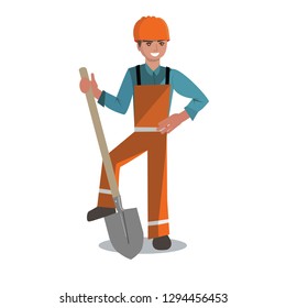 Worker in orange coverall  with helmet on head and spade in hand