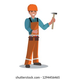 Worker in orange coverall  with helmet on head and hammer in hand