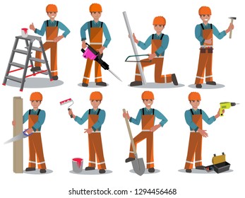 Worker in orange coverall  with helmet on head and spade in hand