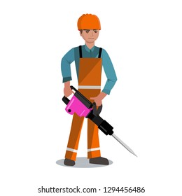 Worker in orange coverall  with helmet on head and  jackhammer in hand