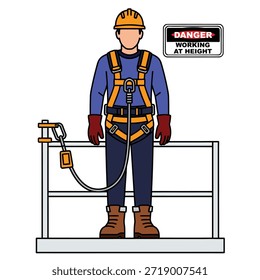 Trabalhador de chapéu duro laranja, uniforme azul, luvas vermelhas, botas marrons, usando um cinto de segurança amarelo de corpo inteiro com uma correia conectada a um corrimão de metal