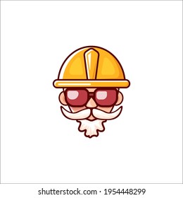 Worker with orange helmet and beard isolated on white background. 1 may Labor day icon or sign with funky man 