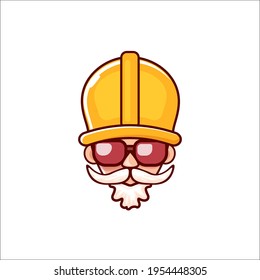 Worker with orange helmet and beard isolated on white background. 1 may Labor day icon or sign with funky man 