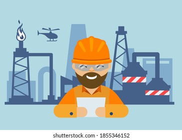 worker in an orange helmet on the background of oil and gas fields