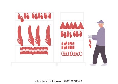 Worker organizes various beef cuts and sausages on an isolated meat display rack vector illustration