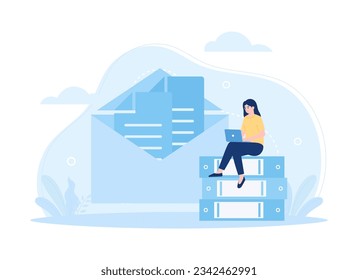 Worker organizing documents and data via laptop trending concept flat illustration