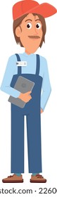Worker in overalls. Cartoon man. Service job character