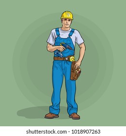 Worker in overalls and helmet with a screwdriver. Vector illustration.