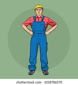 Worker in overalls and a helmet. Vector illustration.