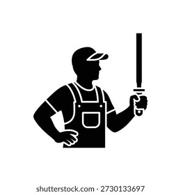 Trabajador en overoles sosteniendo el elemento de Diseño gráfico de icono de silueta de herramienta