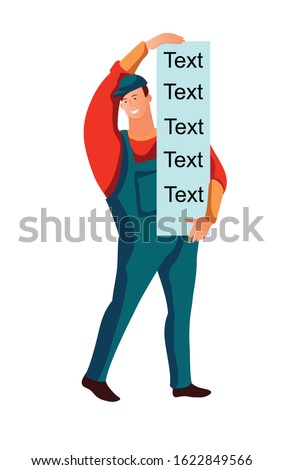 Worker in overalls holds a large sheet with the inscription text. A man in full growth. professional announcements. Isolated image on a white background. Vector illustration.