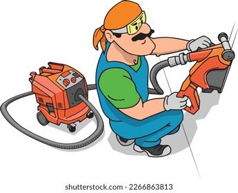 worker in overalls performs work with power tools on wall chasing