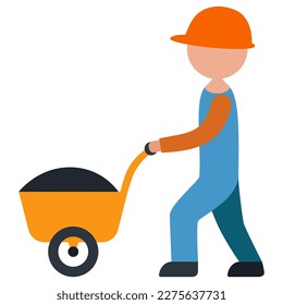 worker in overalls with a wheelbarrow with garbage