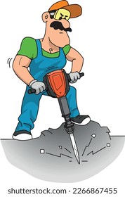 Arbeiter in Overalls arbeitet mit einem Elektrowerkzeug - einem Jackhammer in den Händen