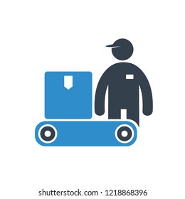 worker in packaging process, production line icon on white background