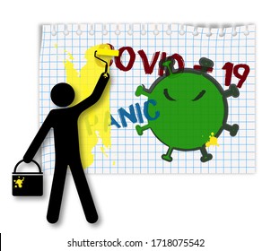 worker with a paint bucket with a roller paints over the drawings on the wall, the words virus and panic. Victory over illness, peace of mind, end of quarantine. Isolated vector on white background