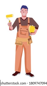 Un trabajador con un rodillo de pintura se para con un casco en la mano. Ilustración vectorial de un trabajador de pie