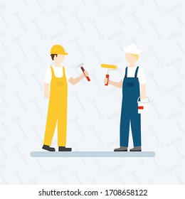 Worker and painter on the pattern background . A group of professionals in vector style. Poster or banner vector.