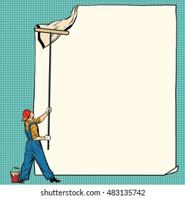worker painter sticks white poster, pop art retro vector illustration. Ad Billboard