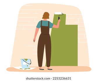 Worker painting building. Young girl with roller paints wall of house or apartment green. Renovation and decoration of room. Workplace worker, poster or banner. Cartoon flat vector illustration