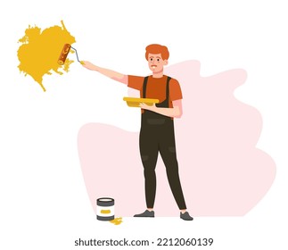 Worker painting the wall in an apartment.  Painter coloring the house. Renovation, repair works. Master professional service. Advertisement, banner. Flat vector illustration.