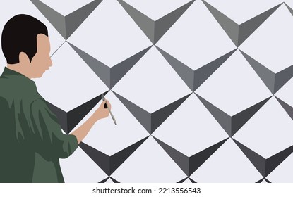 A worker is painting a wall with a pattern. Painting on the walls of the room as a home interior decoration