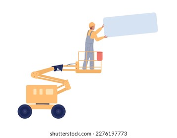 Worker with panel standing on aerial lift semi flat color vector character. Construction site. Editable concept on white. Simple cartoon style spot illustration for web graphic design and animation