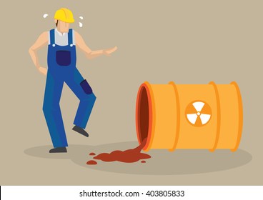 Worker Panicking Beside A Spilling Barrel With Radioactive Symbol Sign. Vector Cartoon Illustration On Radioactive Spill Industrial Workplace Accident Concept Isolated On Plain Background.