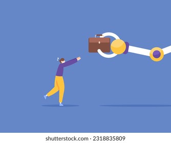 A worker panics because a job is taken by a robot. Robots are replacing human tasks. Robots are taking over human jobs. Industrial and technological revolution. illustration concept design. vector