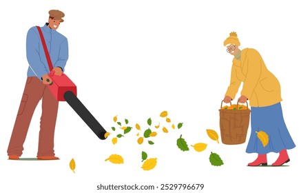 Worker In Park Uses A Leaf Blower To Collect Fallen Leaves While An Elderly Woman Gathers Leaves Into Basket. Scene Showcases A Community Effort To Maintain Cleanliness In Public Spaces During Autumn