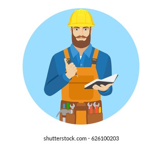 Worker with pen and pocketbook. Portrait of worker character in a flat style. Vector illustration.