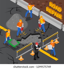 Worker People Isometric Composition With Brigade Of Road Workers Performing Different Tasks On Motorway With Text Vector Illustration