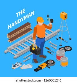 Worker people isometric composition with human character and isolated images of tools and instruments for repair vector illustration