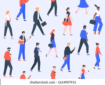 Worker People Pattern. Office Characters And Business People Group Walking, Modern Worker Team Concept. Men And Women Going To Work, Cowokers Togetherness Seamless Vector Illustration