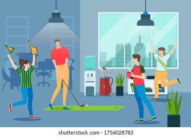 Worker people play golf at office, vector illustration. Fun active game indoor at brak time, recreation. Woman man character golf fans playing in room, grass mat with hole. Sport training.