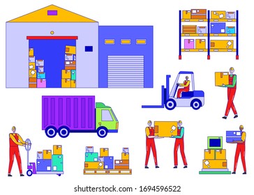 Worker people in warehouse vector illustration. Cartoon line man character work in logistic delivery service, drive truck, warehouseman loading box in factory storage, shipping set isolated on white