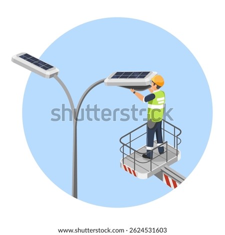 Worker performing maintenance on a solar-powered street light using a hydraulic lift under clear blue sky isometric cartoon
