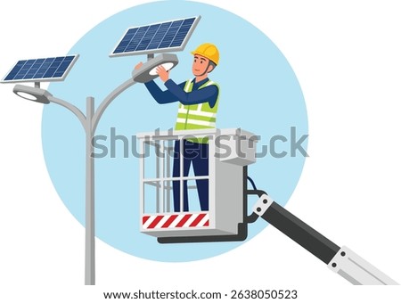 Worker performing maintenance on a solar-powered street light using a hydraulic lift under clear blue sky isometric cartoon