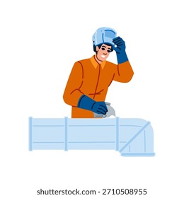 Worker performing maintenance service on a pipeline, wearing protective welding helmet and gloves, symbolizing skilled labor and technical work in industrial and repair sectors