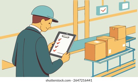 Trabalhador que realiza inspeção de controle de qualidade em uma linha de produção com uma mesa digitalizadora. Logística industrial e conceito de gestão de inventário.
