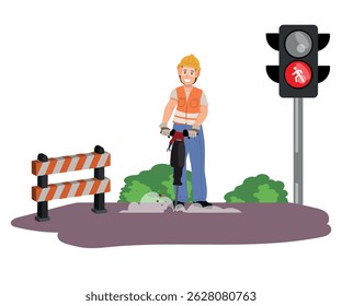 Worker performing street maintenance and roadwork, asphalt repair, vector illustration.
